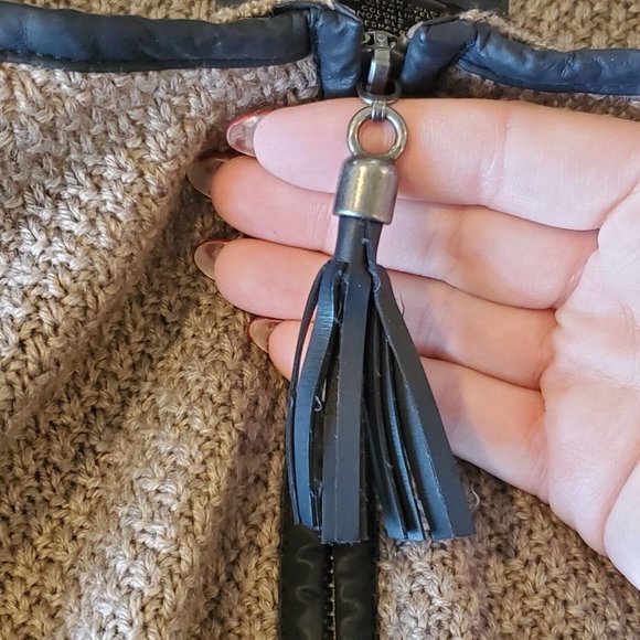 Tahari Merino Wool Blend Cardigan Sweater Brown Zip Front Faux Leather Trim Sz M - Picture 2 of 8